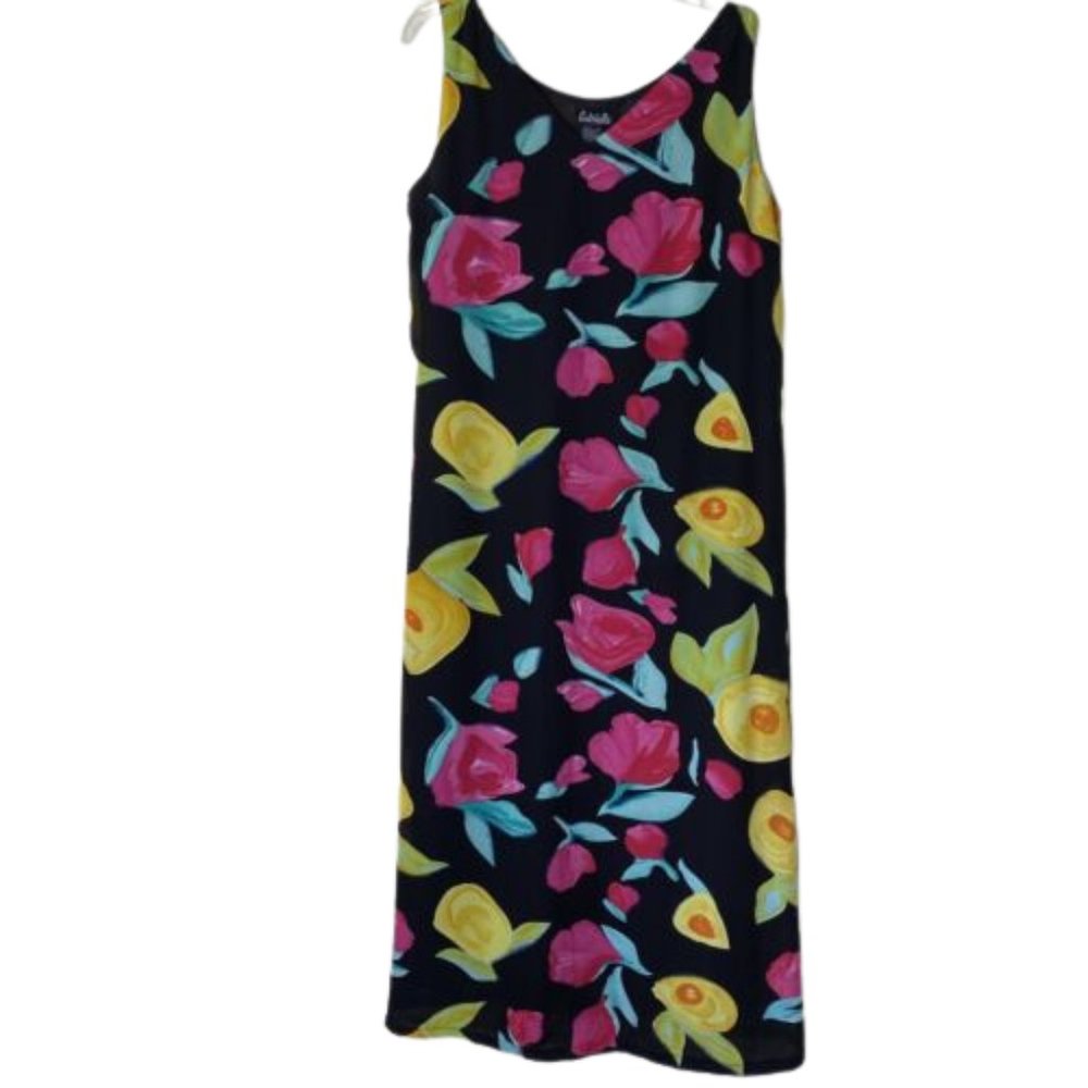 Gabrielle Black Pink Yellow Floral Print Scoop neck Sleeveless Maxi Dress Sz L